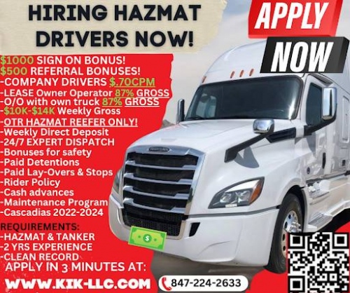 CDL A HAZMAT COMPANY DRIVERS $.70CPM - HAZ OW/OPS $10K-$14K 