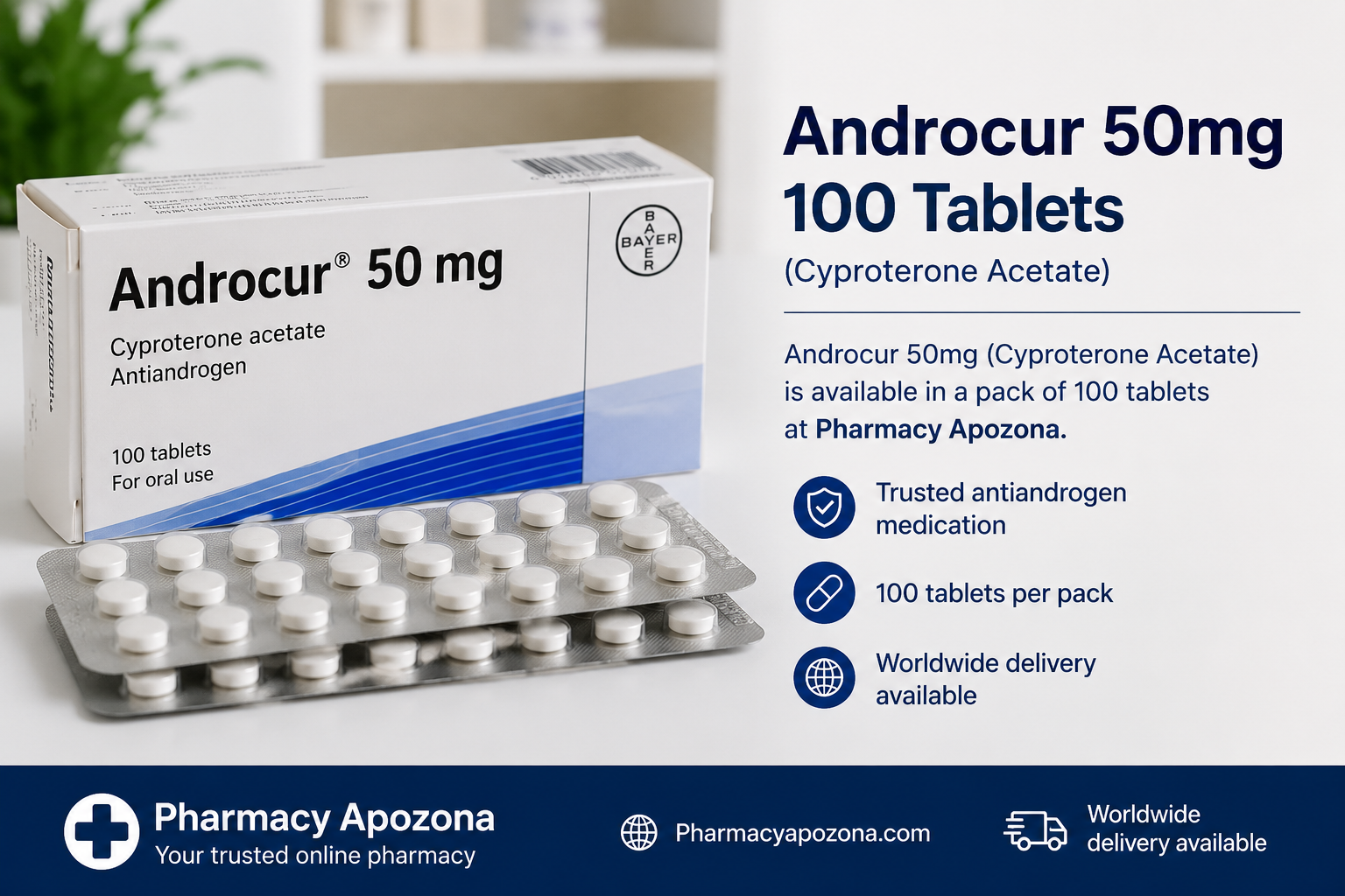 Androcur 50mg 100 Tablets (Cyproterone Acetate) | Pharmacy Apozona